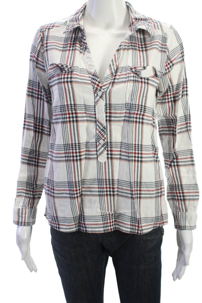 Soft Joie Women Collared White Plaid Cotton Long Sleeve Button-Up Top Size XS