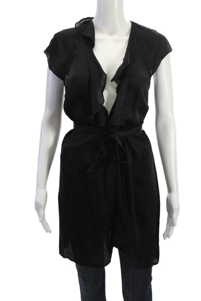 Banana Republic Womens Silk Tunic Blouse Black Cap Sleeve Tie Size PXS