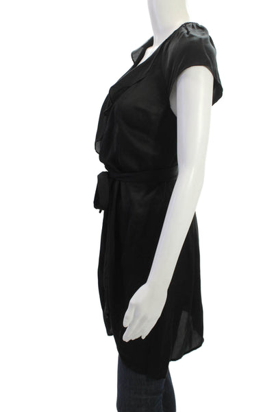 Banana Republic Womens Silk Tunic Blouse Black Cap Sleeve Tie Size PXS