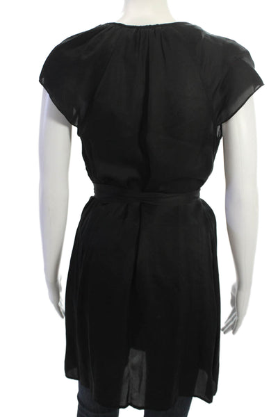 Banana Republic Womens Silk Tunic Blouse Black Cap Sleeve Tie Size PXS