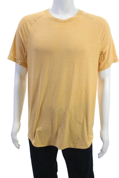 Lululemon Mens Yellow Striped Crew Neck Short Sleeve T-Shirt Nylon Blend Size L