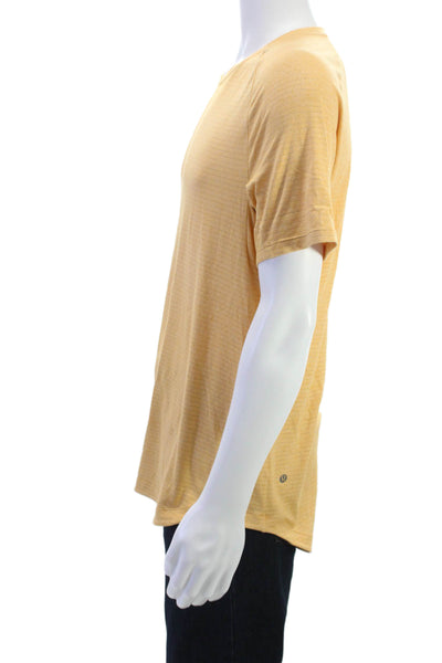 Lululemon Mens Yellow Striped Crew Neck Short Sleeve T-Shirt Nylon Blend Size L