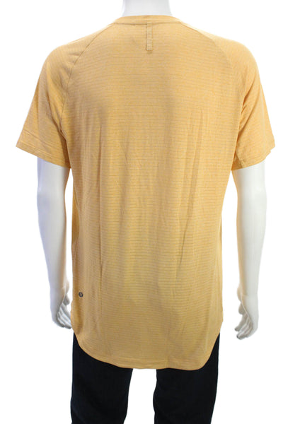 Lululemon Mens Yellow Striped Crew Neck Short Sleeve T-Shirt Nylon Blend Size L