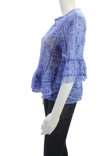 BCBGMAXAZRIA Womens Blue V Neck Geometric 3/4 Sleeve Bohemian Blouse Size S