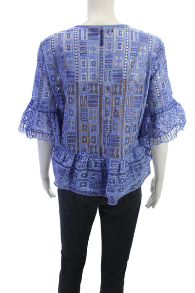 BCBGMAXAZRIA Womens Blue V Neck Geometric 3/4 Sleeve Bohemian Blouse Size S