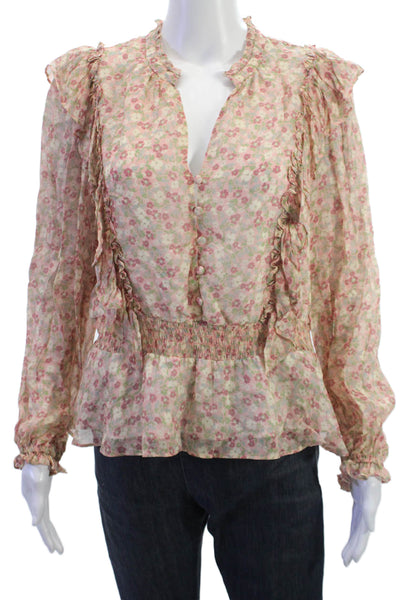 Yumi Kim Womens Floral Boho V-Neck Button Up Long Sleeve Blouse Beige Size S