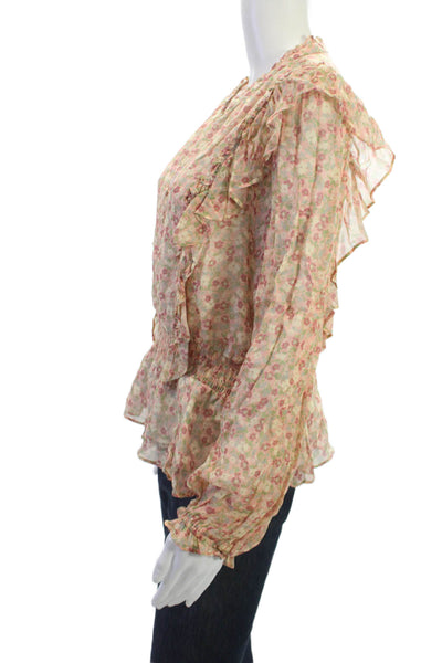 Yumi Kim Womens Floral Boho V-Neck Button Up Long Sleeve Blouse Beige Size S