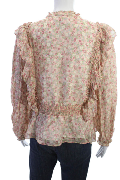 Yumi Kim Womens Floral Boho V-Neck Button Up Long Sleeve Blouse Beige Size S
