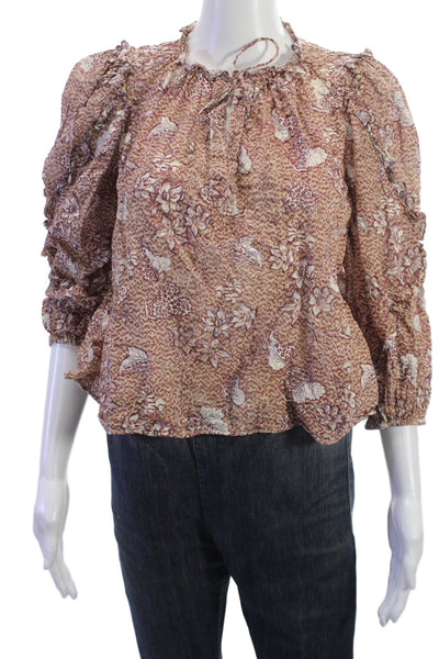 Ulla Johnson Womens Brown Floral Viscose Round Neck 3/4 Sleeve Blouse Size 4