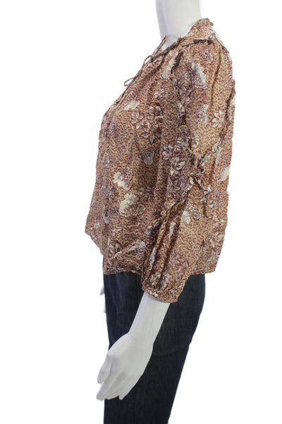 Ulla Johnson Womens Brown Floral Viscose Round Neck 3/4 Sleeve Blouse Size 4