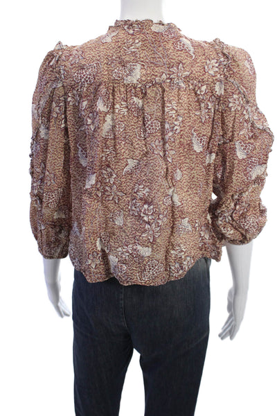 Ulla Johnson Womens Brown Floral Viscose Round Neck 3/4 Sleeve Blouse Size 4