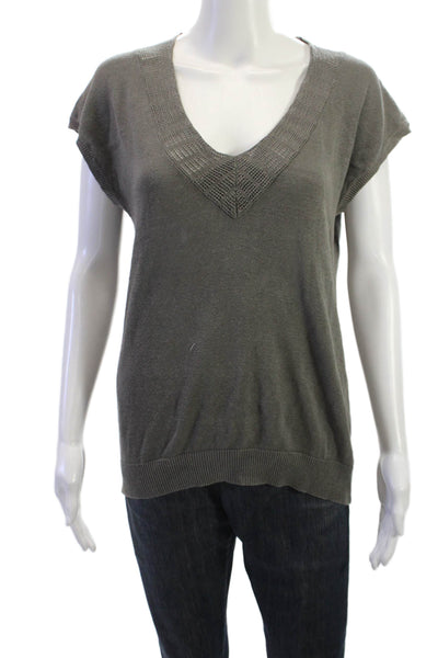 Tibi Women Basic Linen Silk V Neck Sleeveless Top Dark Gray Size L
