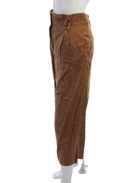 Sezane Women Cropped Dress Pants Brown Button Lyocell Cotton Size 44