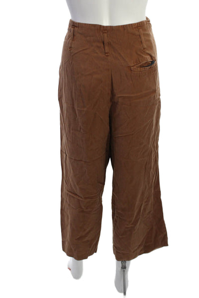Sezane Women Cropped Dress Pants Brown Button Lyocell Cotton Size 44