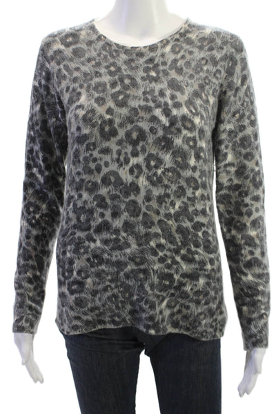 Kinross Cashmere Womens Gray Leopard Print Pullover Sweater Size L