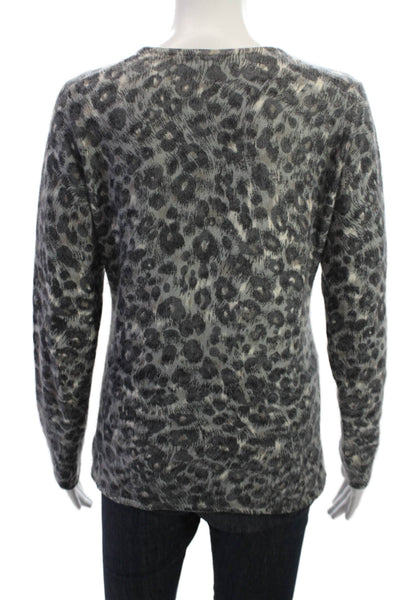 Kinross Cashmere Womens Gray Leopard Print Pullover Sweater Size L