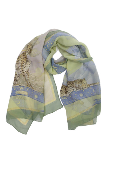 Salvatore Ferragamo Womens Silk Leopard Night & Day Scarf Green Blue 50"x19"