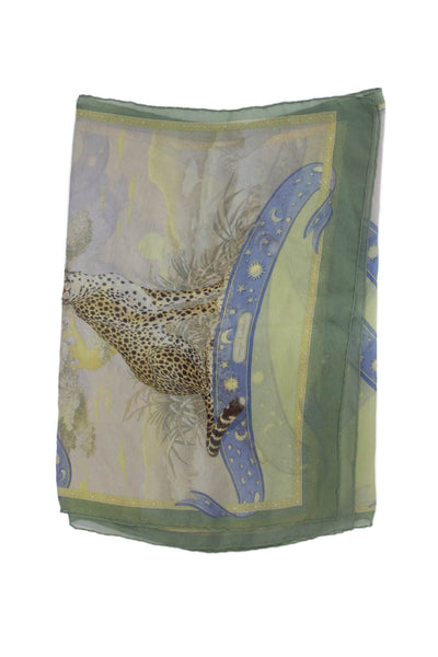 Salvatore Ferragamo Womens Silk Leopard Night & Day Scarf Green Blue 50"x19"