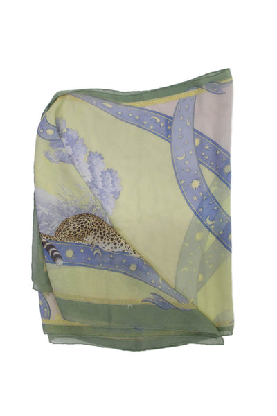 Salvatore Ferragamo Womens Silk Leopard Night & Day Scarf Green Blue 50"x19"