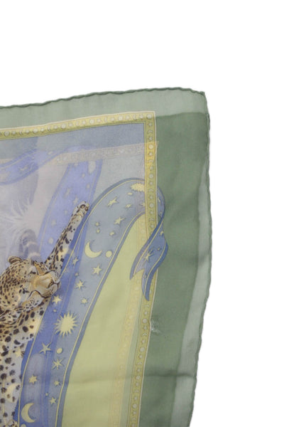 Salvatore Ferragamo Womens Silk Leopard Night & Day Scarf Green Blue 50"x19"