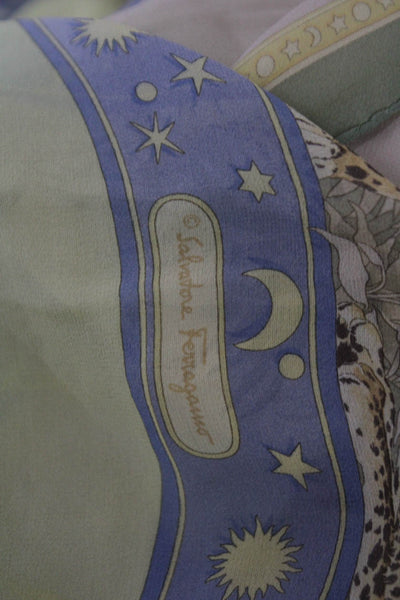 Salvatore Ferragamo Womens Silk Leopard Night & Day Scarf Green Blue 50"x19"
