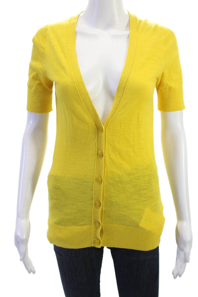 Banana Republic Women Yellow V-Neck Short-Sleeve Button Cotton Cardigan Size S