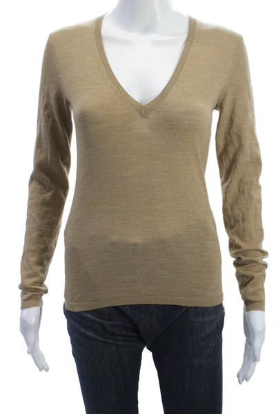 Theory Women Beige Merino V-Neck Pullover Sweater Long Sleeve Size S