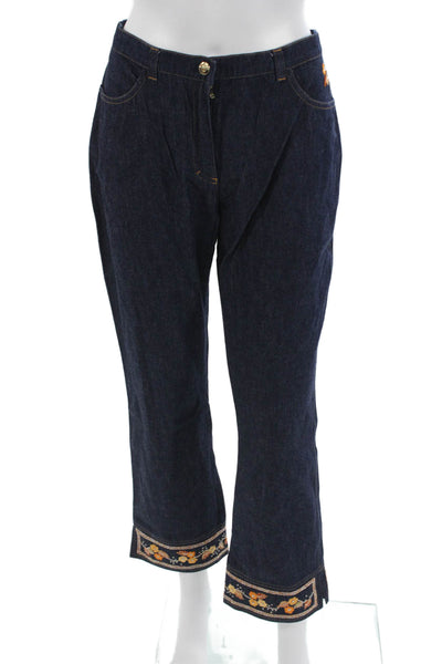 Escada Women Cropped Floral Dark Blue Jeans Button Mid Rise Size 38
