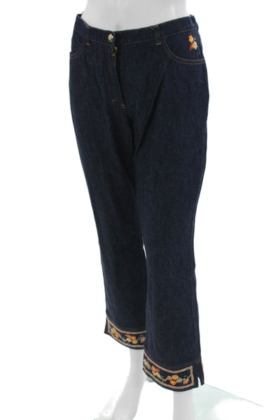 Escada Women Cropped Floral Dark Blue Jeans Button Mid Rise Size 38