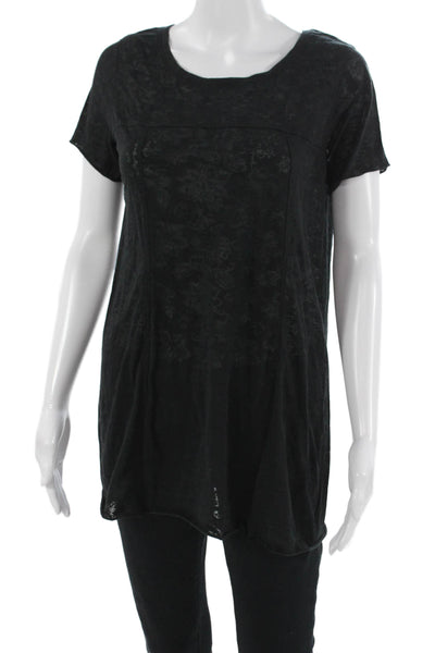 Peruvian Connection Women Tunic Bohemian Black Floral Short Sleeve Size S
