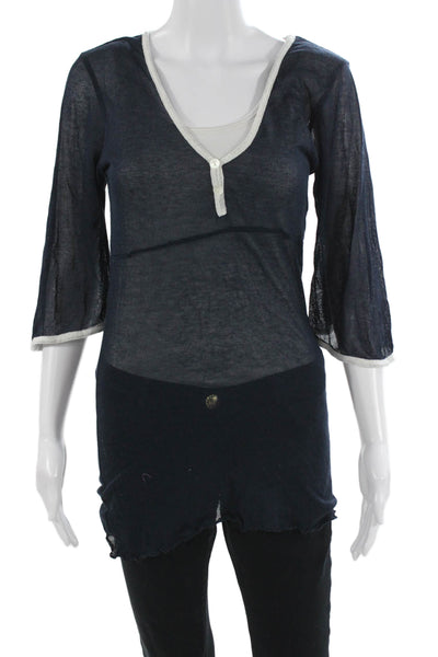 Letarte Women Tunic V Neck Dark Blue 3/4 Sleeve Acrylic Polyester Size S