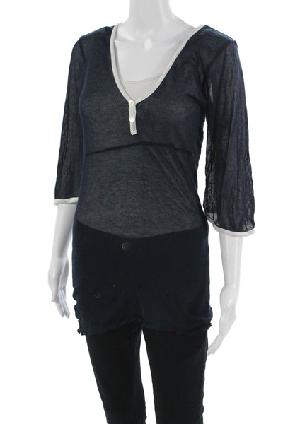 Letarte Women Tunic V Neck Dark Blue 3/4 Sleeve Acrylic Polyester Size S