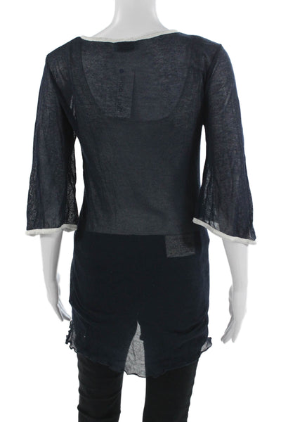 Letarte Women Tunic V Neck Dark Blue 3/4 Sleeve Acrylic Polyester Size S