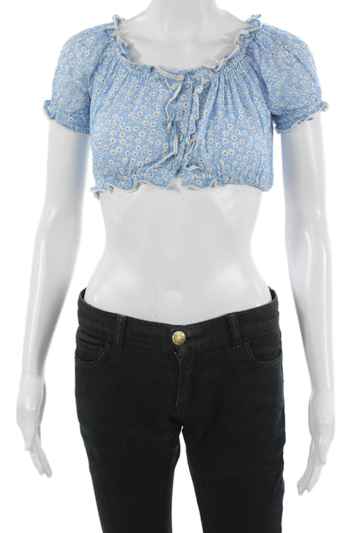 Sunday Saint Tropez Womens Cropped Floral Light Blue Blouse Short Sleeve Size S