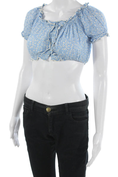 Sunday Saint Tropez Womens Cropped Floral Light Blue Blouse Short Sleeve Size S