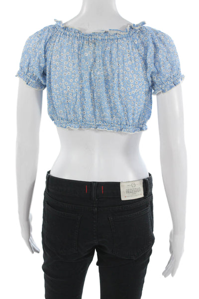 Sunday Saint Tropez Womens Cropped Floral Light Blue Blouse Short Sleeve Size S