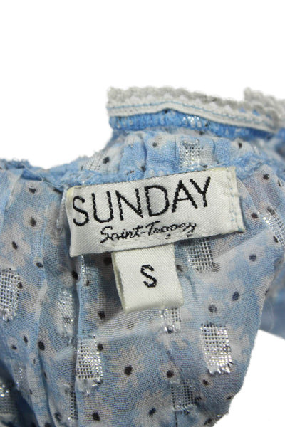 Sunday Saint Tropez Womens Cropped Floral Light Blue Blouse Short Sleeve Size S