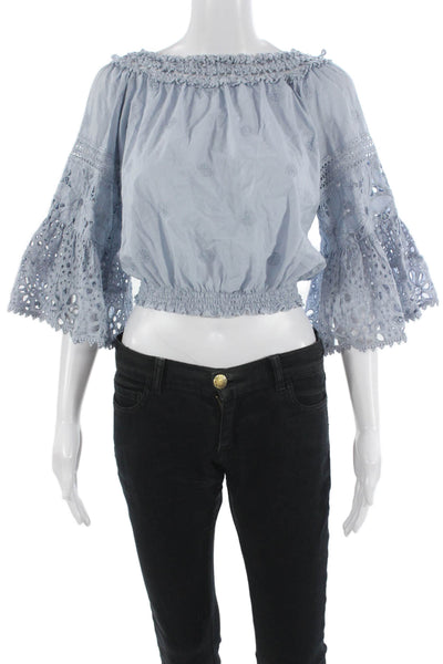 Temptation Positano Women Cropped Silk Blouse Light Blue 3/4 Sleeve Size XS