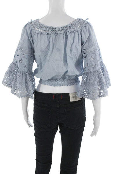 Temptation Positano Women Cropped Silk Blouse Light Blue 3/4 Sleeve Size XS