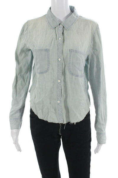 Rails Women Light Blue Cropped Button-Up Tencel Collared Long Sleeve Size S