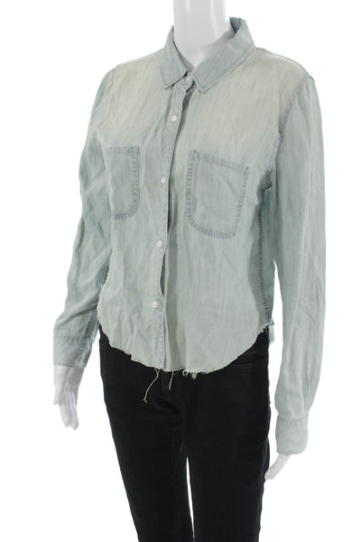 Rails Women Light Blue Cropped Button-Up Tencel Collared Long Sleeve Size S