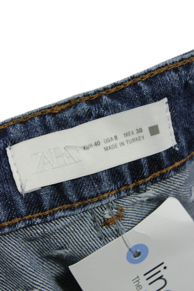 Zara Womens Cropped Straight Dark Blue High Rise 100% Cotton Jeans Size 8