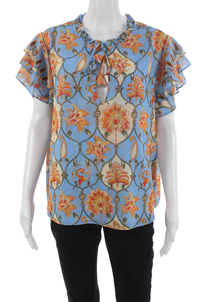 Misa Women Blue Floral Tie Neck Short Sleeve Blouse Size L