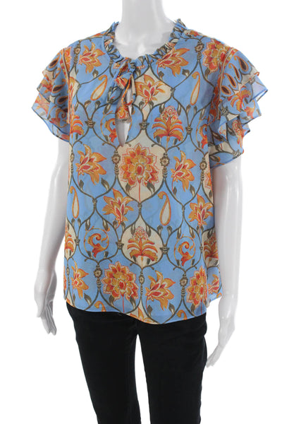 Misa Women Blue Floral Tie Neck Short Sleeve Blouse Size L