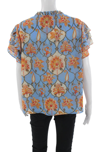 Misa Women Blue Floral Tie Neck Short Sleeve Blouse Size L