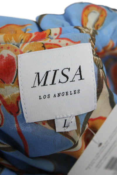 Misa Women Blue Floral Tie Neck Short Sleeve Blouse Size L