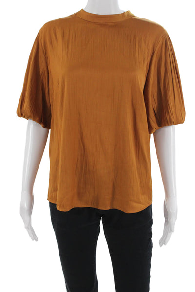 Anthropologie Womens Brown Mock Neck Bohemian Button Short Sleeve Blouse Size L