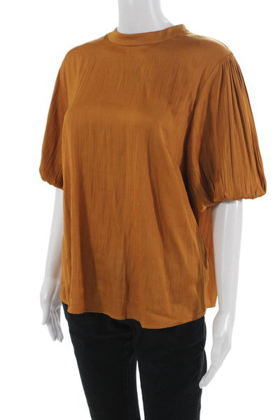 Anthropologie Womens Brown Mock Neck Bohemian Button Short Sleeve Blouse Size L