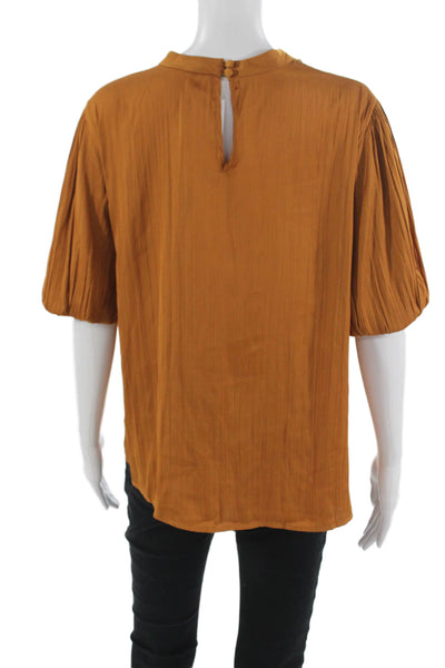 Anthropologie Womens Brown Mock Neck Bohemian Button Short Sleeve Blouse Size L