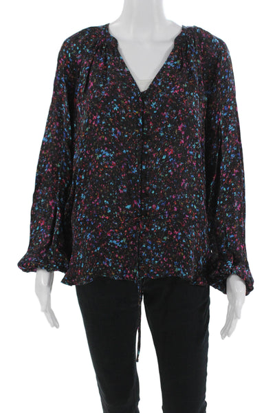 Parker Womens Bohemian Floral V-Neck Long Sleeve Black Rayon Blouse Size M